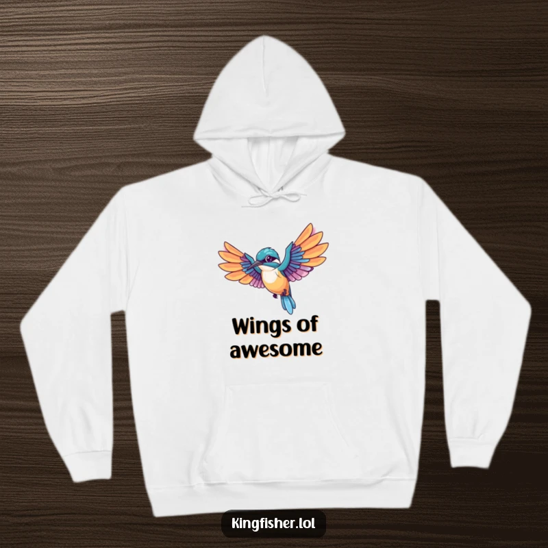 Funny Kingfisher Hoodie featuring a kawaii bird mid-flight, wings spread wide, trailing colorful feathers, for cozy, humorous adventures.