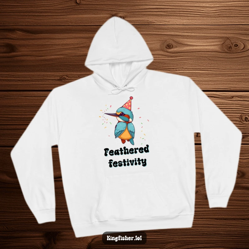 Funny hoodie with a kingfisher bird wearing a party hat and blowing confetti, offering cozy celebration.