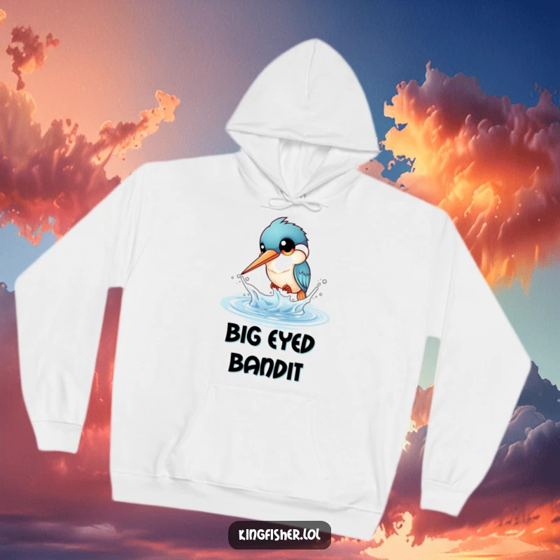 Funny Kingfisher Splash Hoodie: A kingfisher with large eyes playfully splashes water. Cozy and funny clothing.