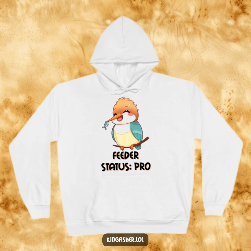 Funny Kawaii Kingfisher Hoodie: A cute kingfisher character clutching a fish, designed on a comfy hoodie for a funny, heartwarming look.