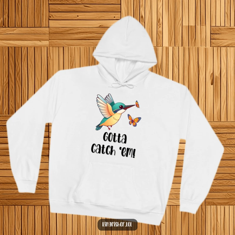 Funny Kingfisher Butterfly Hoodie: A warm hoodie featuring a kingfisher with outstretched wings excitedly chasing a fluttering butterfly, perfect for cozy adventures.