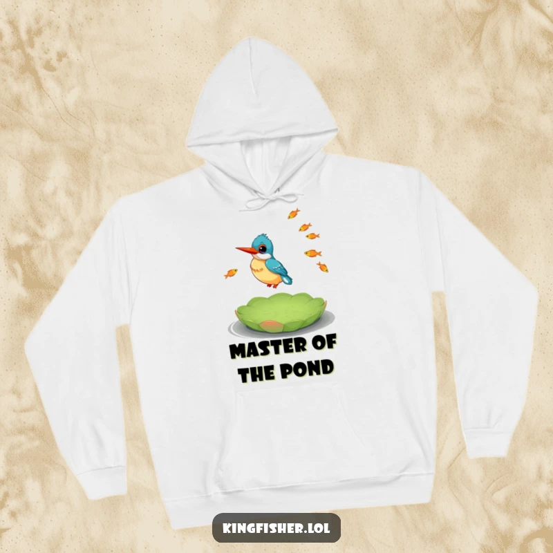 Funny Kingfisher Hoodie featuring a happy kingfisher masterfully juggling fish while balancing precariously on a lily pad.