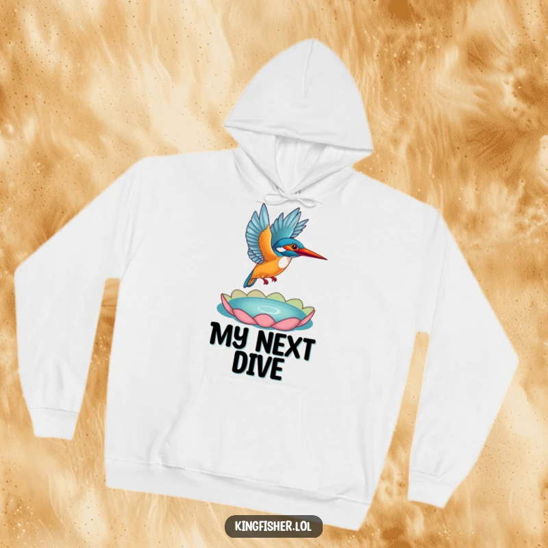 Funny Kingfisher Hoodie: A vibrant kingfisher launching into the air from a lily pad, illustrated in a funny, dynamic style.