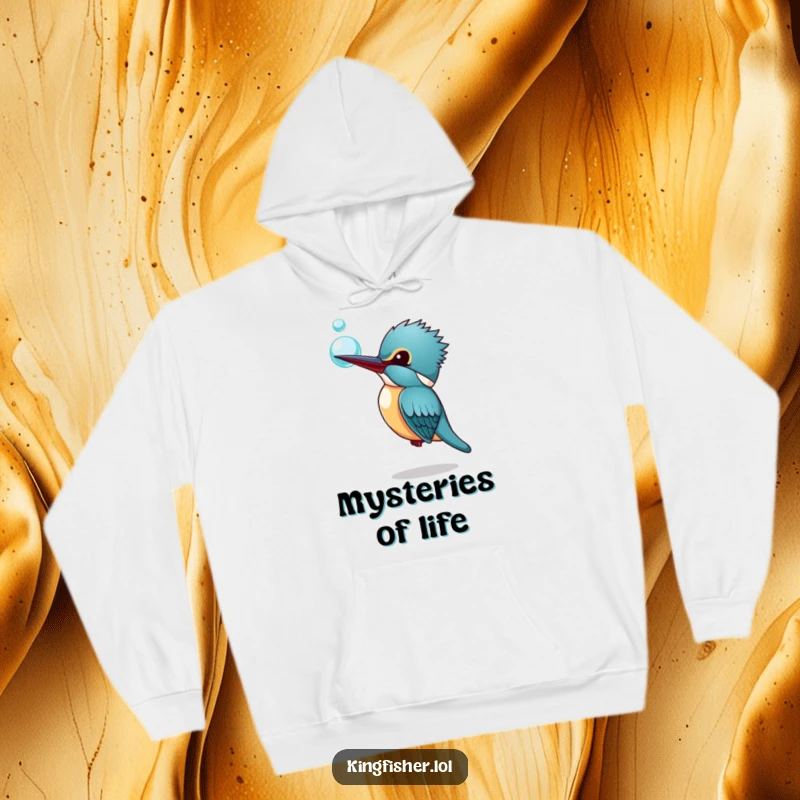 Funny Kingfisher Hoodie: A kingfisher tilting its head curiously towards a bubble, printed on a comfy hoodie for a funny, thoughtful look.