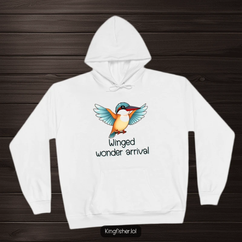 Funny Graceful Kingfisher Hoodie: A cute kingfisher bird with outstretched wings preparing for a funny landing.