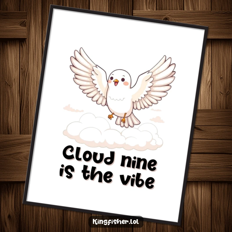 Funny Free Printable Wall Art: A bird with wings spread wide glides joyfully through soft, fluffy clouds, creating a serene sky scene.