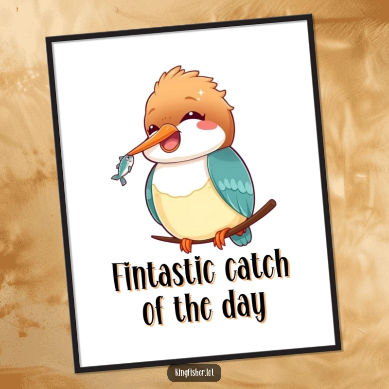 Funny Free Printable Kawaii Kingfisher Wall Art: A super cute kingfisher holding a tiny fish, bringing charm to any room.