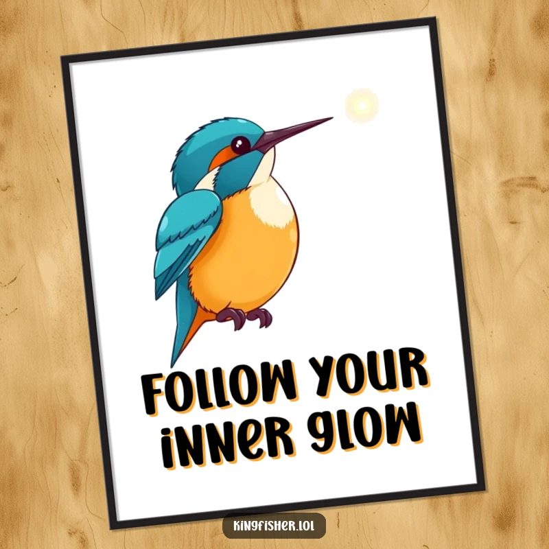 Inspirational Free Printable wall art of a kingfisher excitedly pointing its wing towards a distant, glowing light, evoking hope and aspiration.