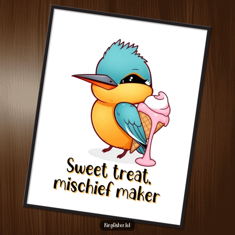 Funny Free Printable Wall Art: Kingfisher Bird with Mischievous Grin Winking, Holding a Dripping Ice Cream Cone, playful decor.