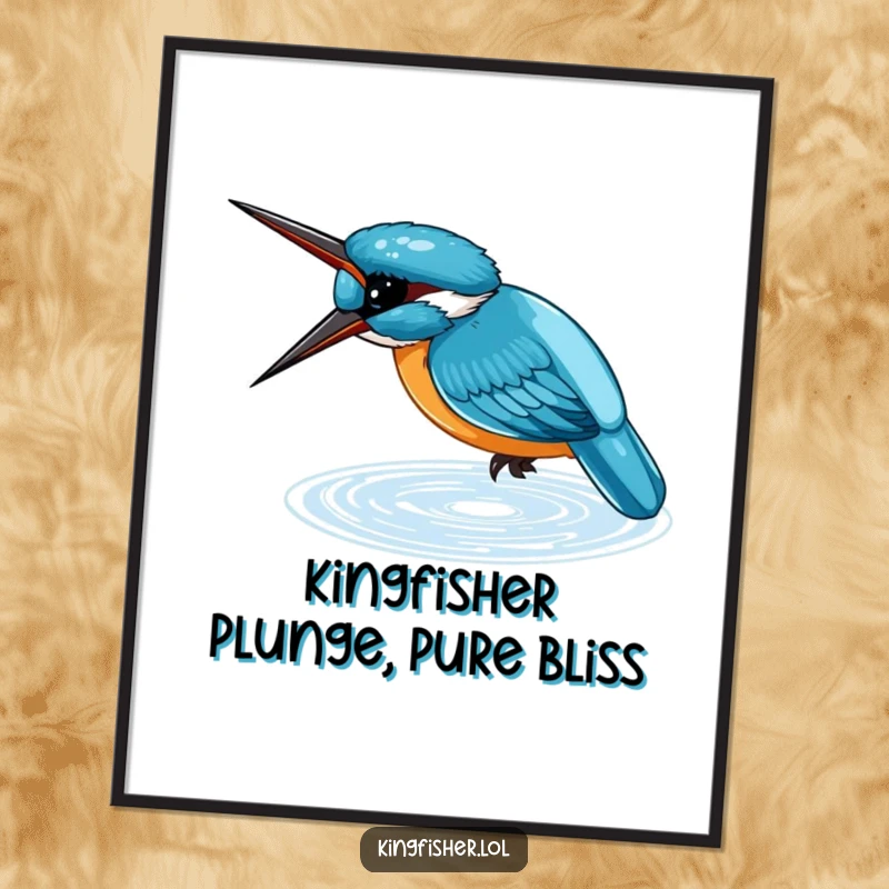 Funny Free Printable Wall Art: Small blue kingfisher diving headfirst into shimmering water, a dynamic and beautiful nature scene.