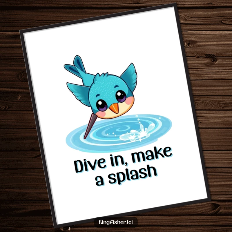 Funny Free Printable Wall Art: A cheerful kingfisher with large eyes dives headfirst into sparkling water, a moment of action.