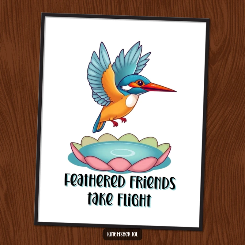 Funny Free Printable Kingfisher Wall Art: A kingfisher captured mid-flight from a colorful lily pad, adding humor to your decor.