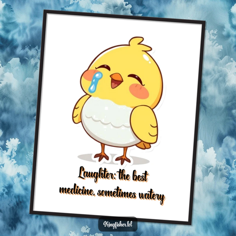 Funny Free Printable wall art of a bird laughing so hard that a single tear streams down its cheek, a delightful piece.