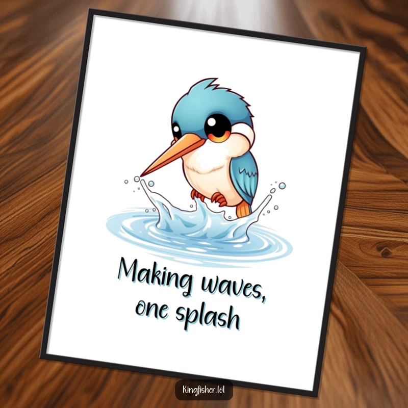 Funny Free Printable Wall Art: A kingfisher with large eyes playfully splashing water, vibrant and humorous aquatic-themed decor.