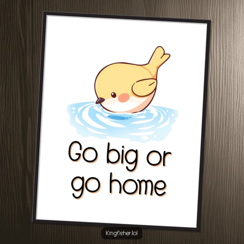 Funny Free Printable Wall Art: A cute round bird plunging into shimmering blue water, dynamic and humorous aquatic decor.