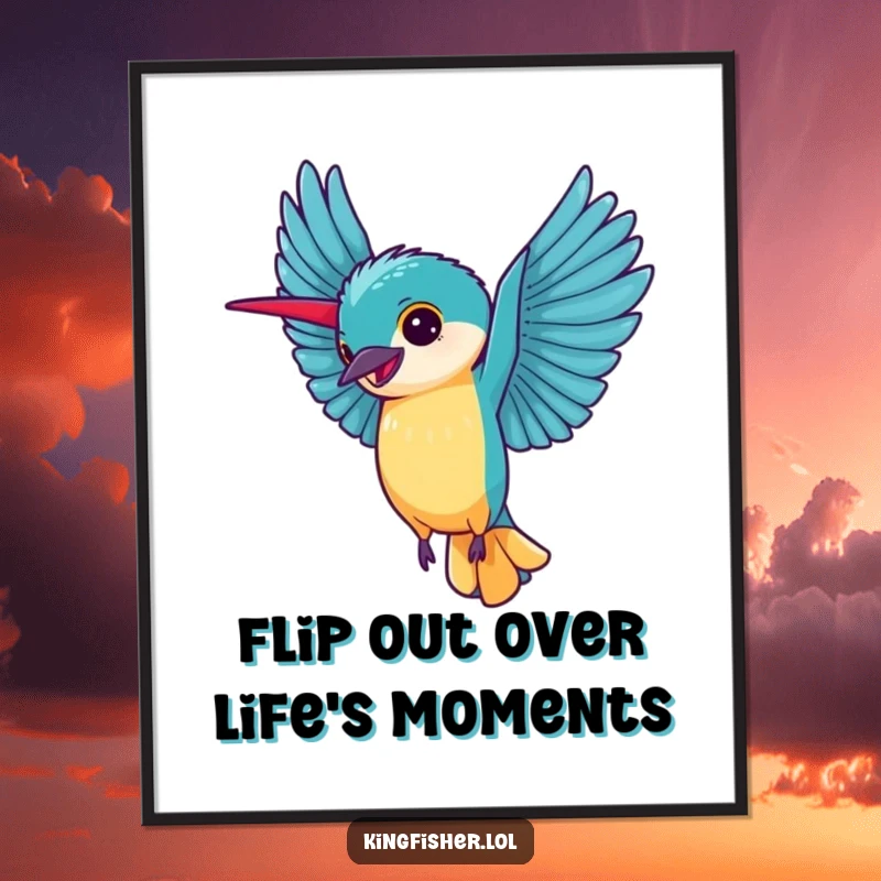 Joyful Free Printable wall art of a happy kingfisher performing a cartwheel with its wings fully extended, exuding vibrant energy and fun.