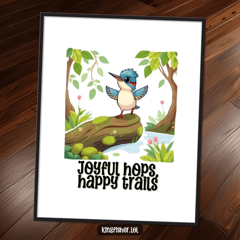 Funny Free Printable Wall Art: Playful Kingfisher Bird Joyfully Hopping on a Log