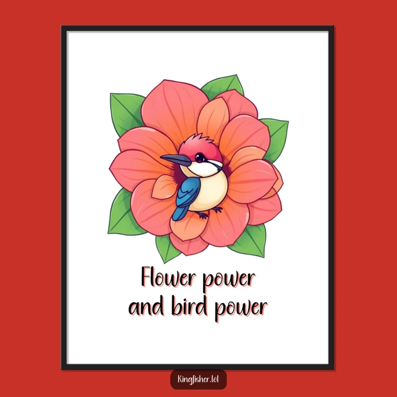 Kawaii Kingfisher Flower Free Printable Wall Art: Cute Bird Peeking Decor