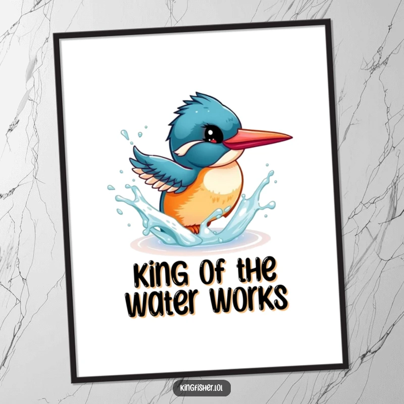 Funny Free Printable Wall Art: Energetic Kingfisher mid-splash, water droplets flying playfully, bringing a cheerful vibe.