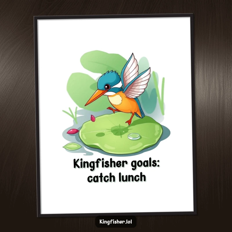 Funny Free Printable Wall Art: A kingfisher energetically bouncing on a lily pad, focused on finding small prey.