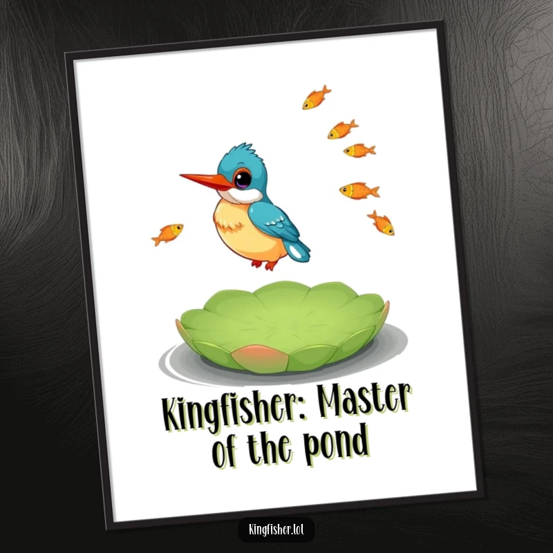 Funny Free Printable Wall Art: A happy kingfisher balances on a lily pad, juggling small fish with flair.