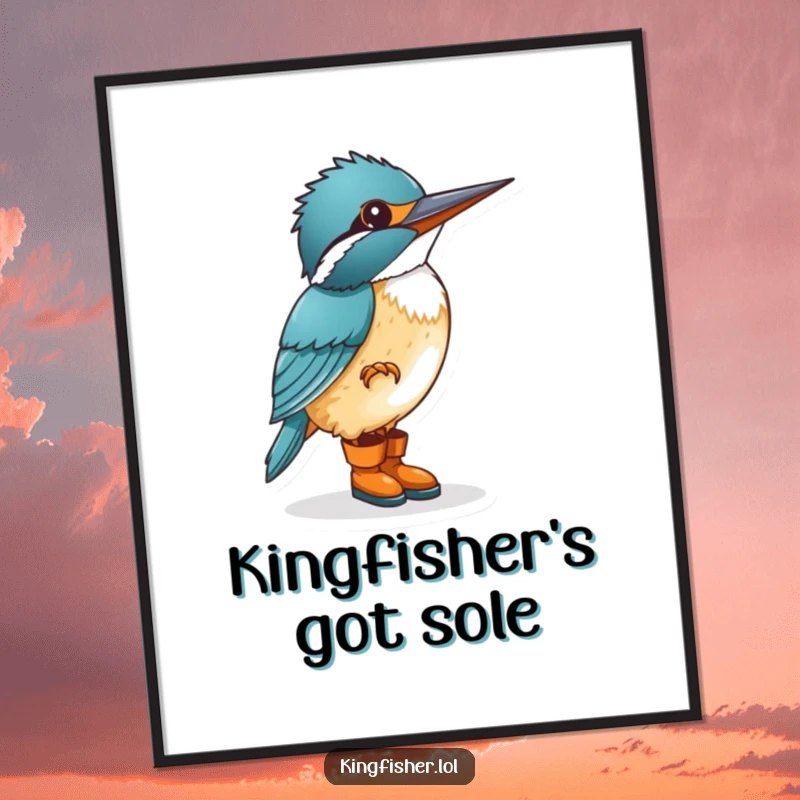 Funny Free Printable Wall Art: A kingfisher in tiny boots tapping its foot energetically, full of excitement and quirky personality, ready to dance.