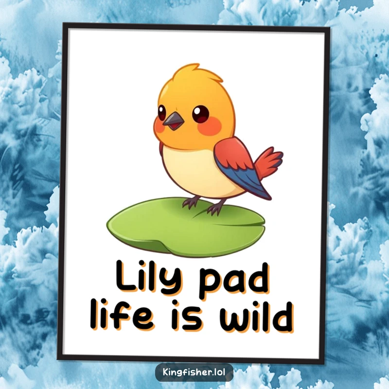Funny Free Printable Wall Art: A vibrant bird on a lily pad with a hilariously surprised look, charming nature-themed decor.