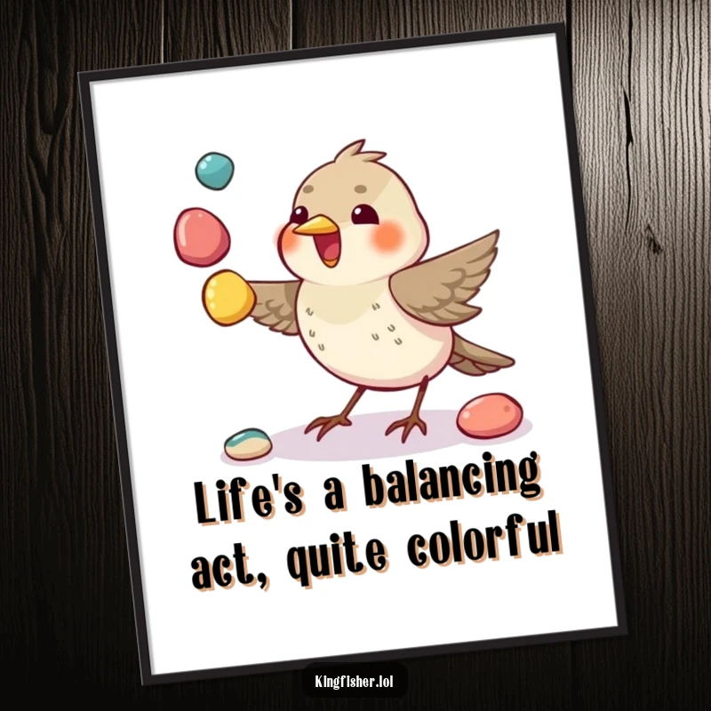 Playful Free Printable wall art of a small bird excitedly juggling three colorful pebbles with its beak, showcasing delightful dexterity and charm.