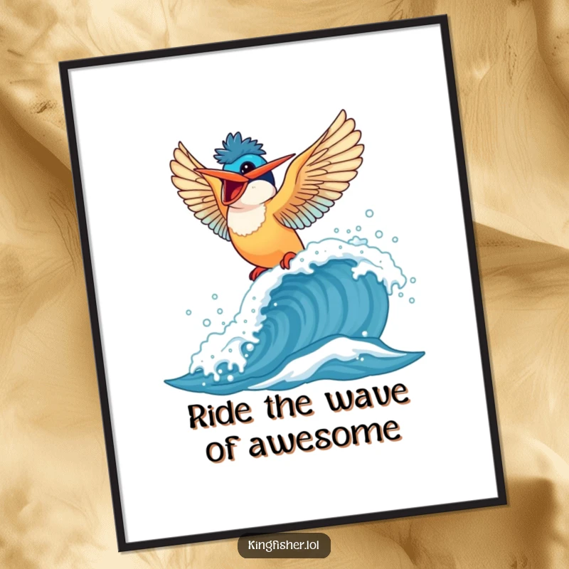 Funny Free Printable Wall Art: Kingfisher bird joyfully riding a bouncy wave, wings flapping with pure exhilaration and color.