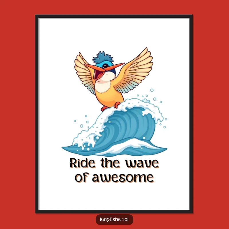 Free Printable Kingfisher Wall Art: Funny Bird Wave Riding Downloadable Decor