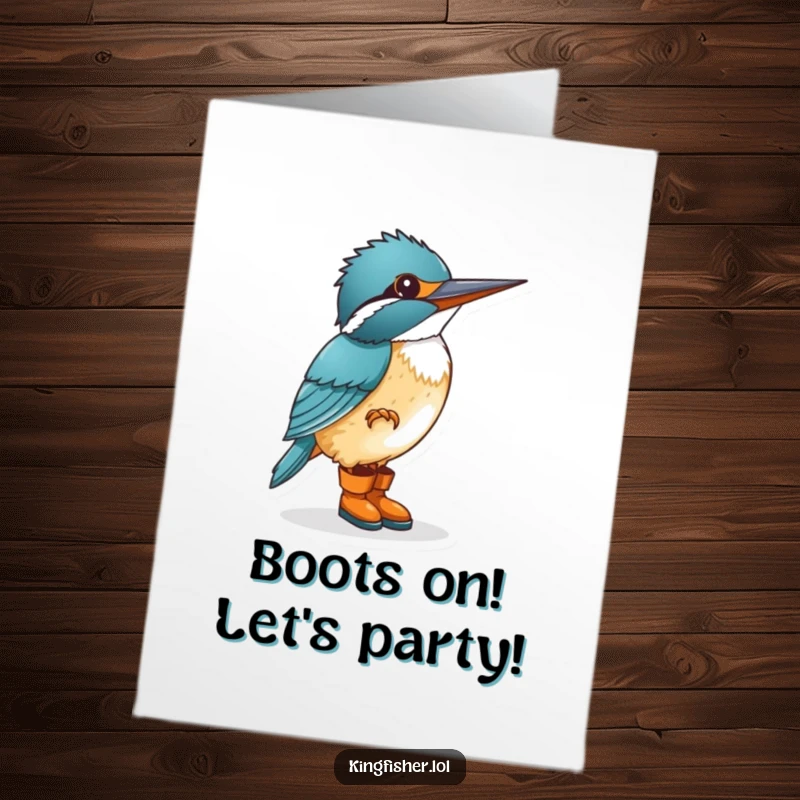 Funny Free Printable Birthday Card: Kingfisher wearing tiny boots, tapping foot with extreme excitement and anticipation for celebration.