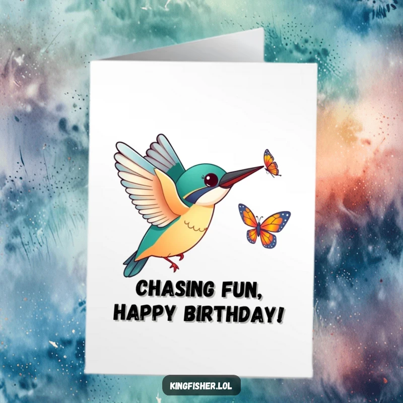 Funny Free Printable Birthday Card: An excited kingfisher with outstretched wings joyfully chasing a butterfly.