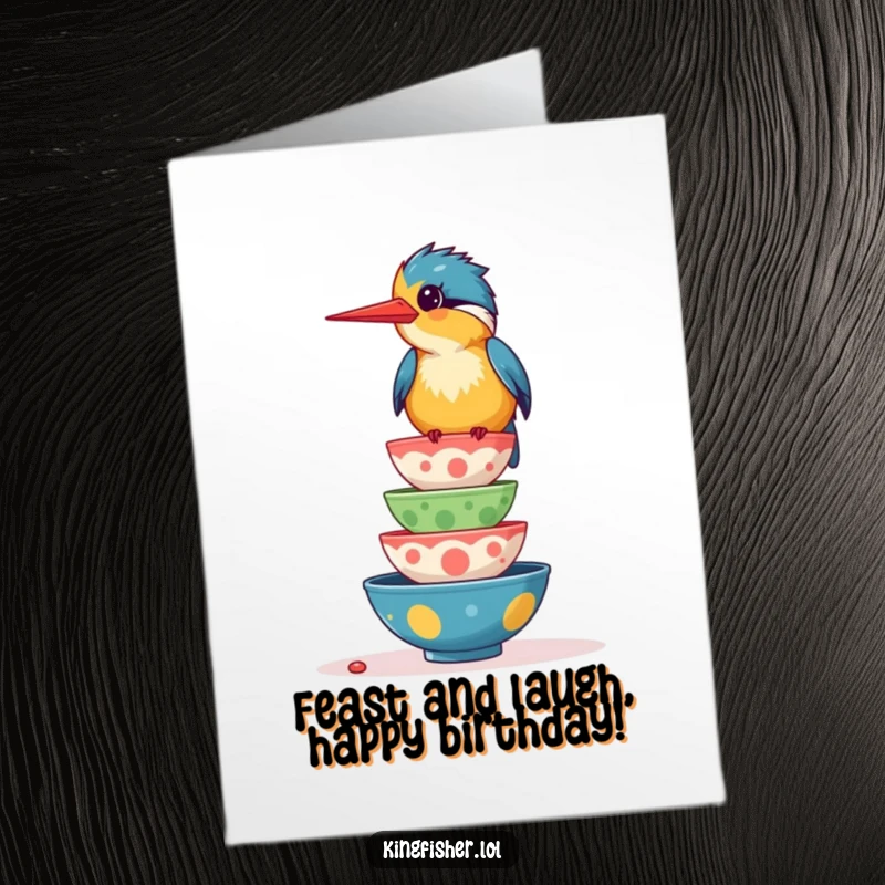 Funny Free Printable Birthday Card: Giggling kingfisher bird precariously balancing wobbling colorful food bowls, ready for a party.