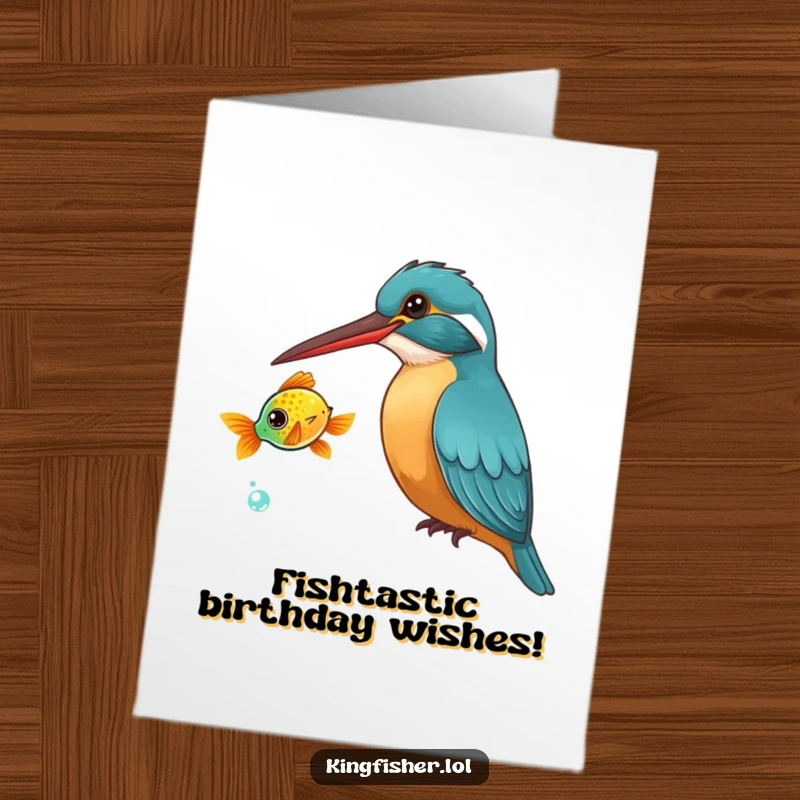 Funny Free Printable Birthday Card: Curious kingfisher bird tilting its head, watching a brightly colored fish swim by.
