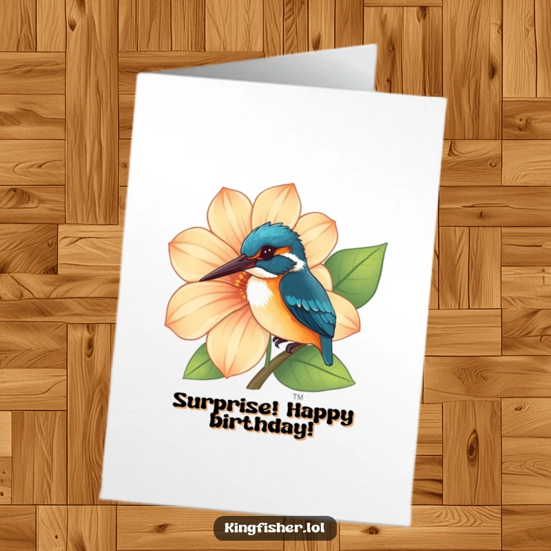 Funny Free Printable Birthday Card: A curious kingfisher peeks out from behind a large, colorful flower.
