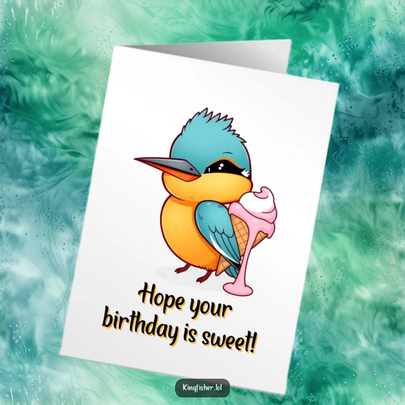 Funny Free Printable Birthday Card: Kingfisher with Mischievous Grin Winking, Holding Dripping Ice Cream, sweet surprise.