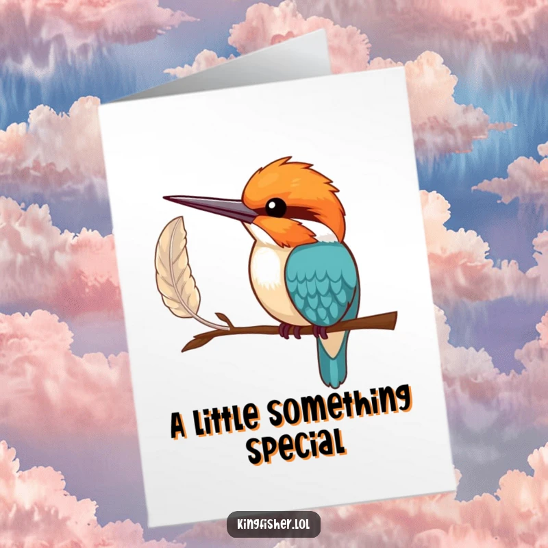 Funny Free Printable Birthday Card showing a shy kingfisher bird offering a single, perfect feather with one wing, a delicate birthday greeting.