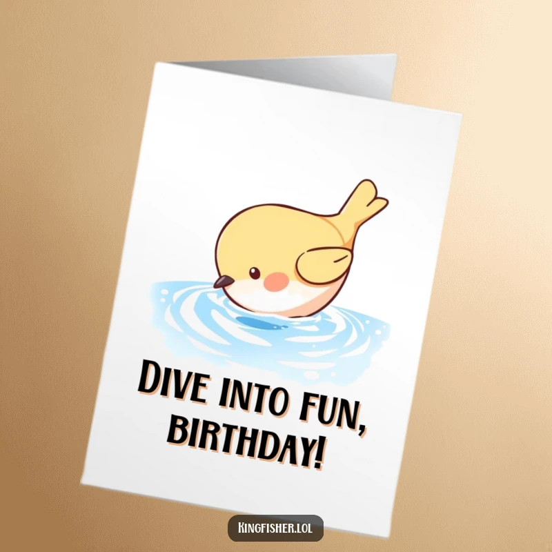 Funny Free Printable Birthday Card: A small, round bird humorously dives headfirst towards shimmering blue water, perfect for a splashy gift.