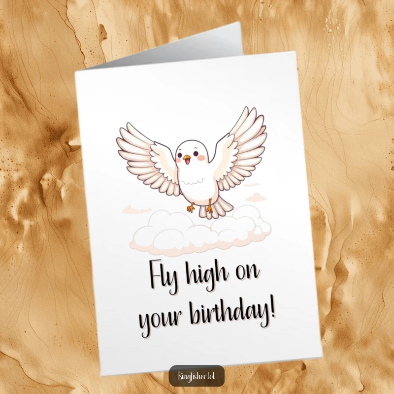 Funny Free Printable Birthday Card: A bird with widespread wings glides joyfully through fluffy clouds, perfect for an uplifting birthday message.