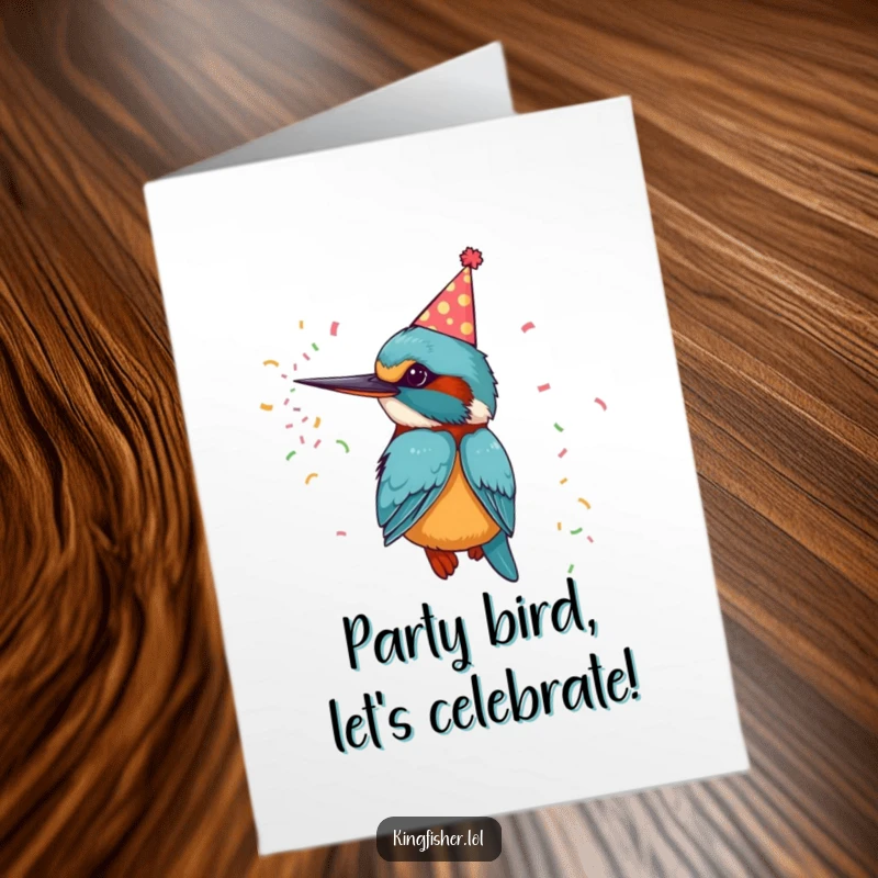 Funny Free Printable Birthday Card: A kingfisher bird in a tiny party hat, joyfully blowing a confetti cannon.