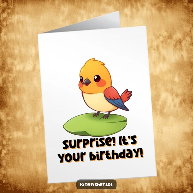 Funny Free Printable Birthday Card: A brightly colored bird sits surprised on a lily pad, perfect for a shocking birthday message.