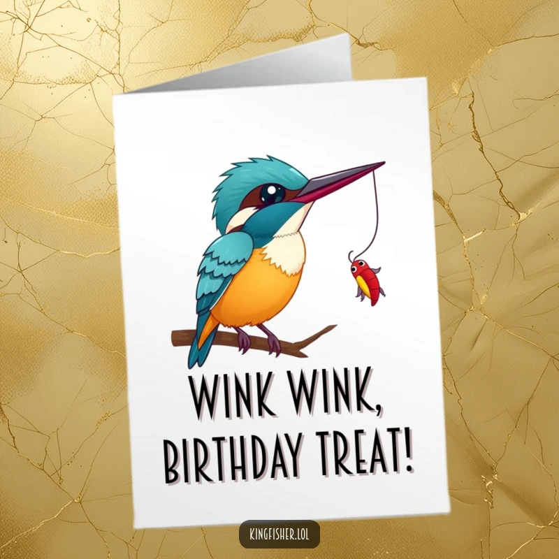 Funny Free Printable Birthday Card: Winking kingfisher about to catch a bug, ready to deliver birthday cheer.