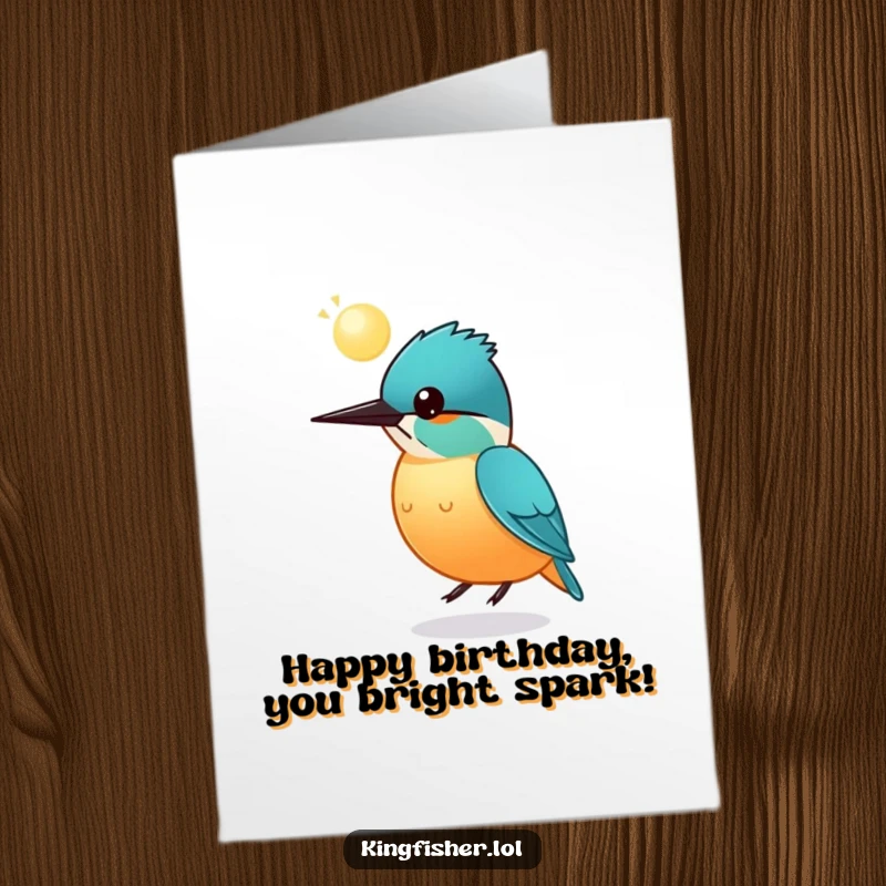 Funny Free Printable Birthday Card: Small Round Kingfisher Bird Bouncing a Glowing Sphere on its Head, joyful birthday.