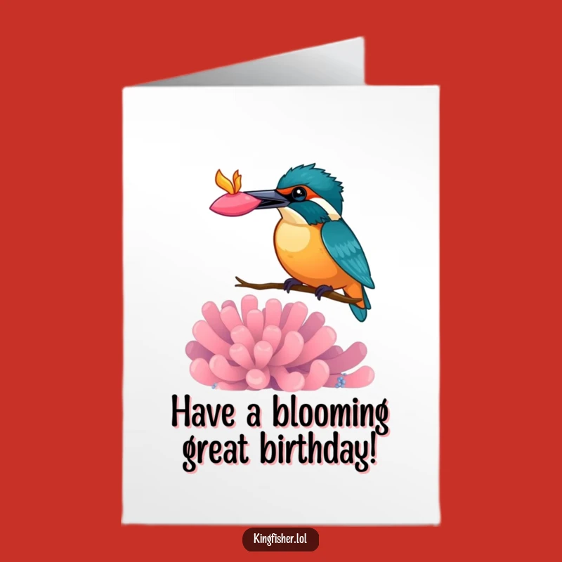 Funny Free Printable Birthday Card: Kingfisher with Anemone, Playful Downloadable Gift