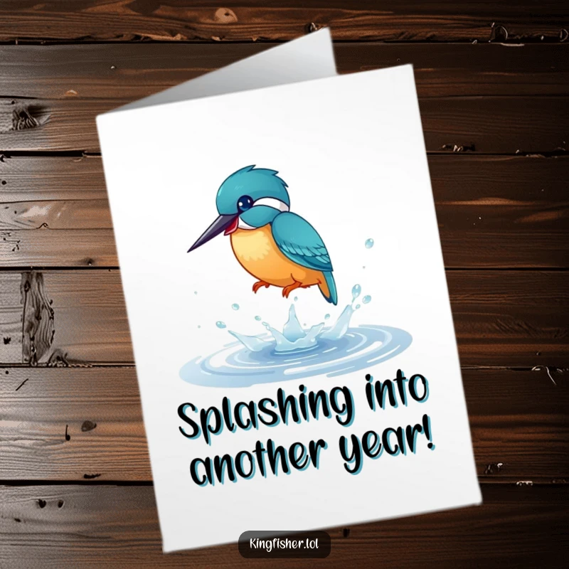 Funny Free Printable Birthday Card with a playful kingfisher bird splashing joyfully in a tiny, shimmering puddle, conveying pure delight.