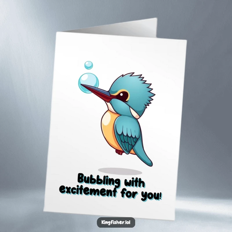 Funny Free Printable Kingfisher Congratulations Card: Kingfisher curiously watching a bubble, celebrating achievements with wonder and humor.