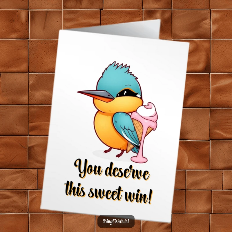 Funny Free Printable Congrats Card: Kingfisher Bird Winking with a Mischievous Grin, Holding Dripping Ice Cream, sweet success.