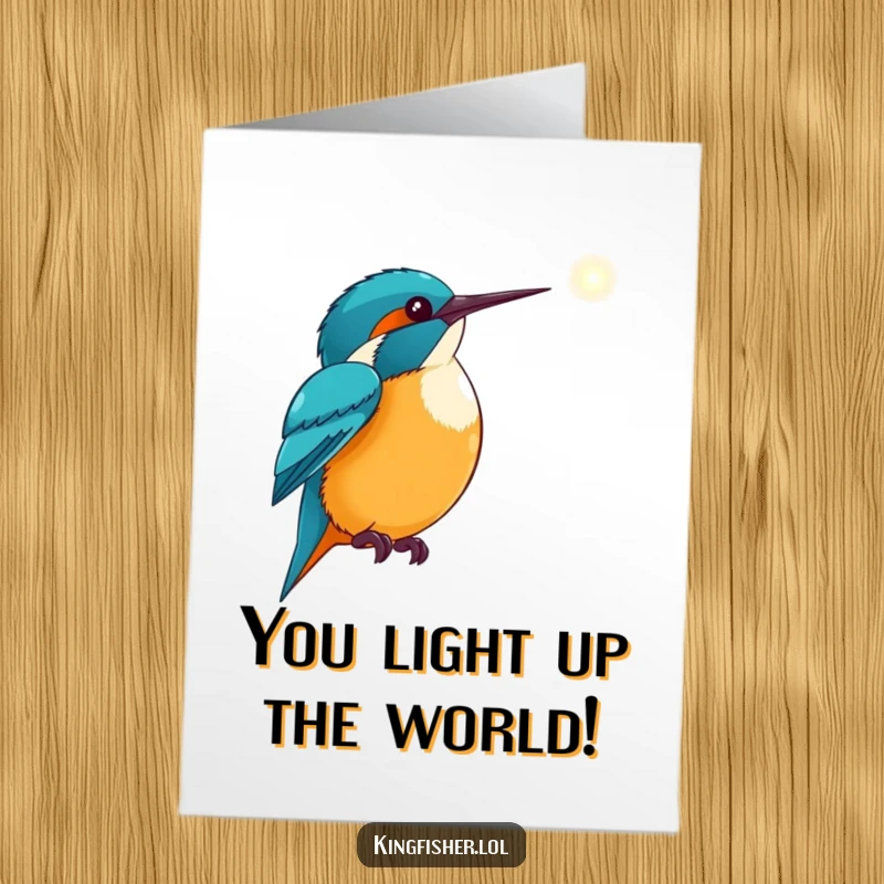 Free Printable congratulations card showing a kingfisher excitedly pointing its wing towards a bright, distant light, signifying success and a promising future.
