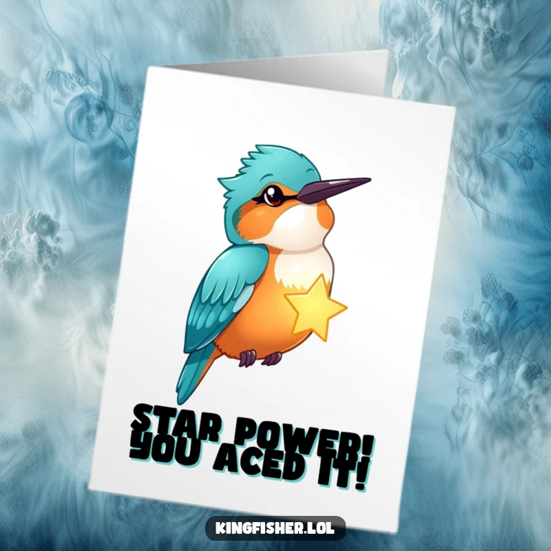 Funny Free Printable Congratulations Card: A kingfisher winks knowingly while holding a radiant glowing star, symbolizing luck and success.