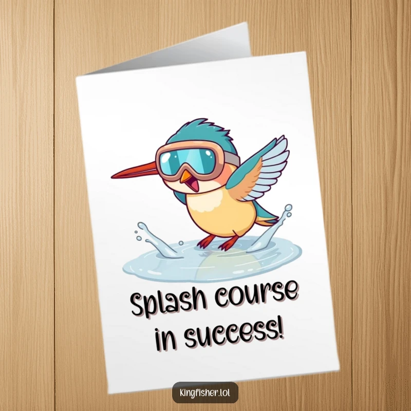 Funny Free Printable Congrats Card: Kingfisher Bird in Oversized Goggles Excitedly Splashing in a Puddle, celebrating achievement.